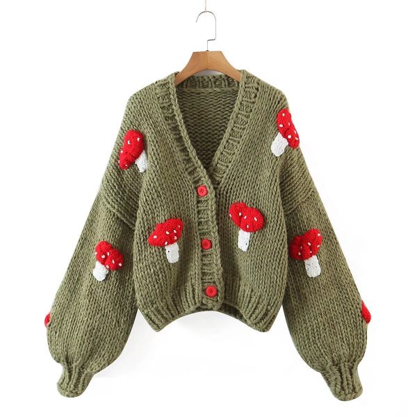 Autumn two-color mushroom sweater coat featuring a cute mushroom pattern and cozy knit design.