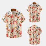 Men's Mushroom Print Short Sleeve Shirt with lapel collar and colorful mushroom pattern.