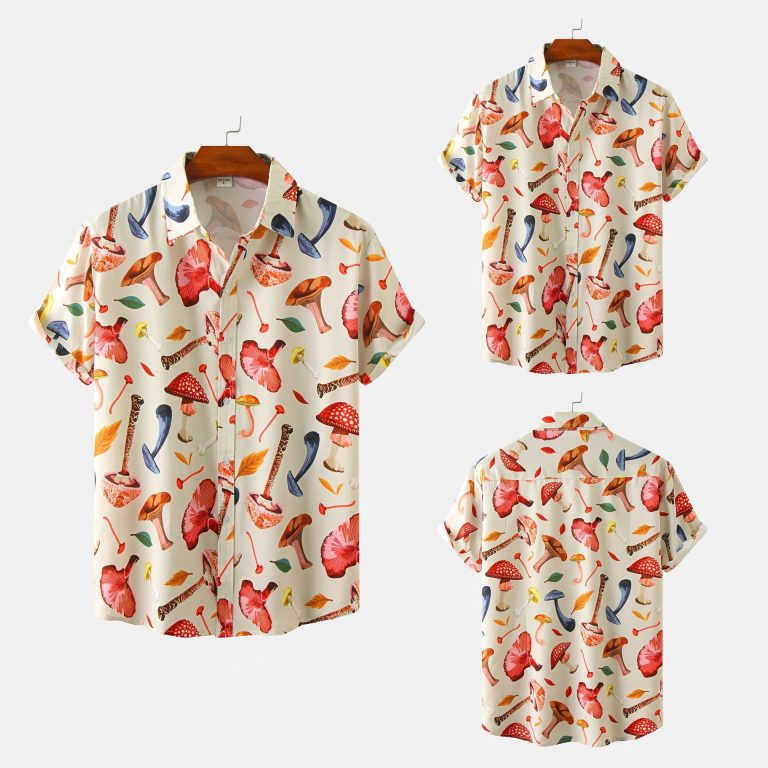 Men's Mushroom Print Short Sleeve Shirt with lapel collar and colorful mushroom pattern.