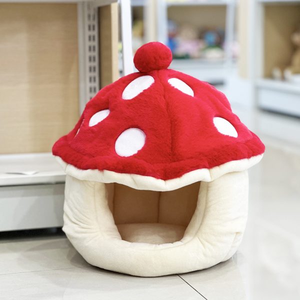 Warm Plush Cute Mushroom Half Surrounded Cat Kennel - Image 3