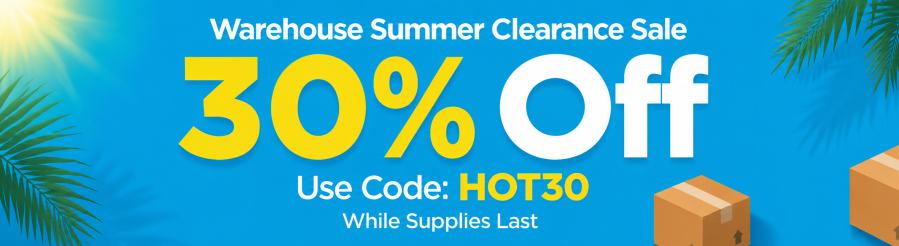 Warehouse Summer Clearance Sale banner offering 30% off with code HOT30 while supplies last.