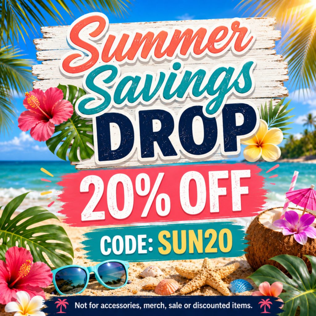 Cannabis Pharmacy Summer Savings Drop homepage banner with 20% off using code SUN20 and tropical beach graphics.