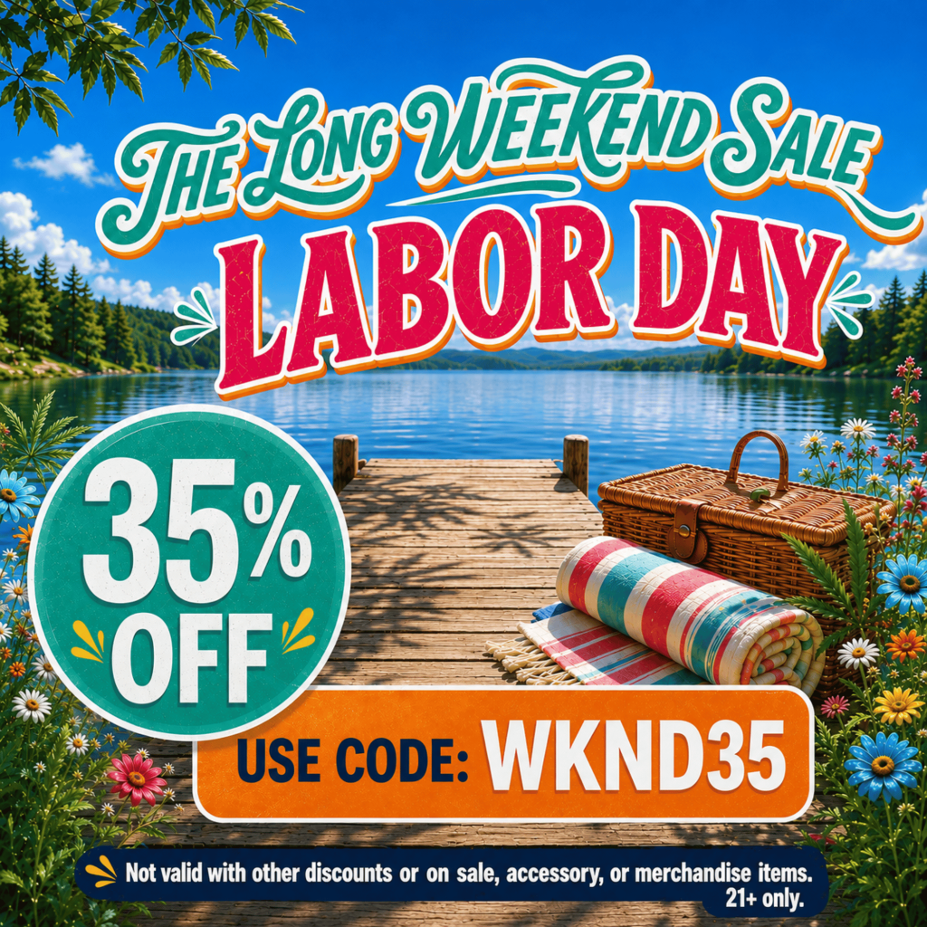Cannabis Pharmacy Labor Day long weekend sale banner with 35% off using code WKND35.