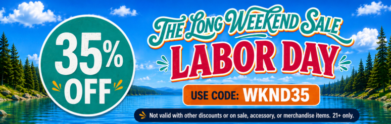 Cannabis Pharmacy Labor Day long weekend sale banner with 35% off using code WKND35.